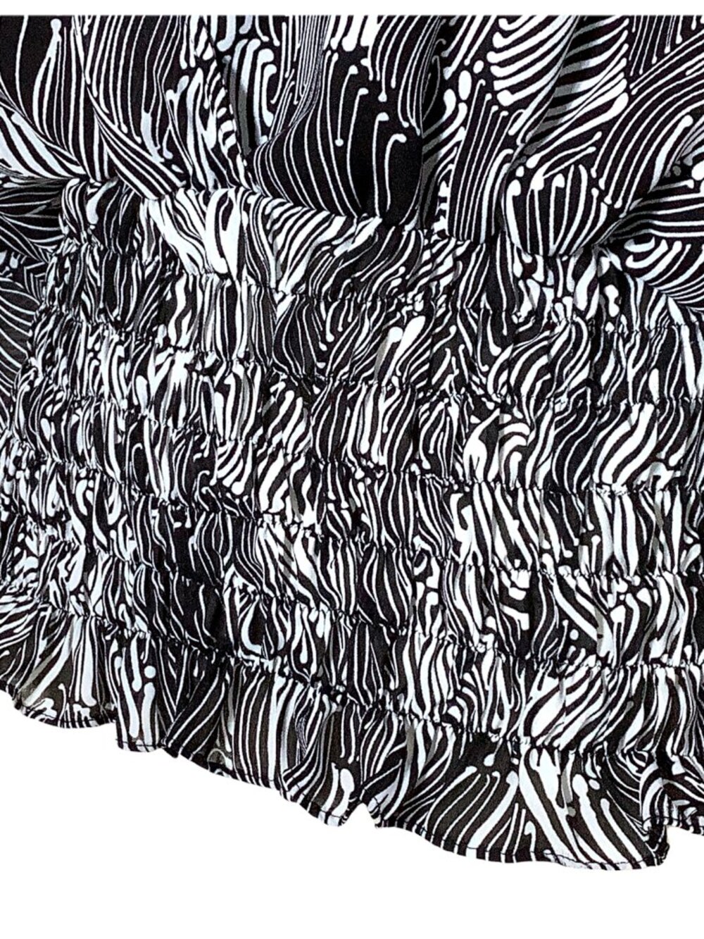 Allison Taylor L Top Blouse Tank Drop Waist Shirred Black White Abstract Ruffle - Picture 5 of 12